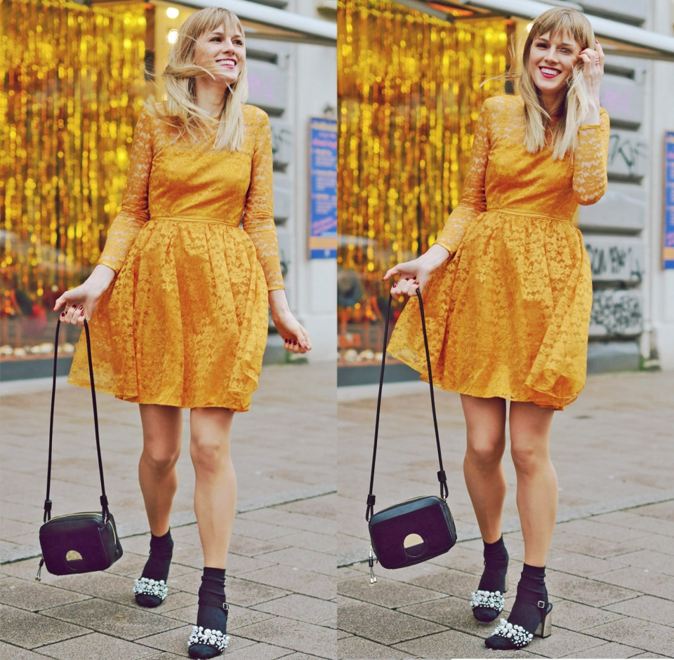 collage, new years eve, yellow lace dress, long sleeves, black handbag