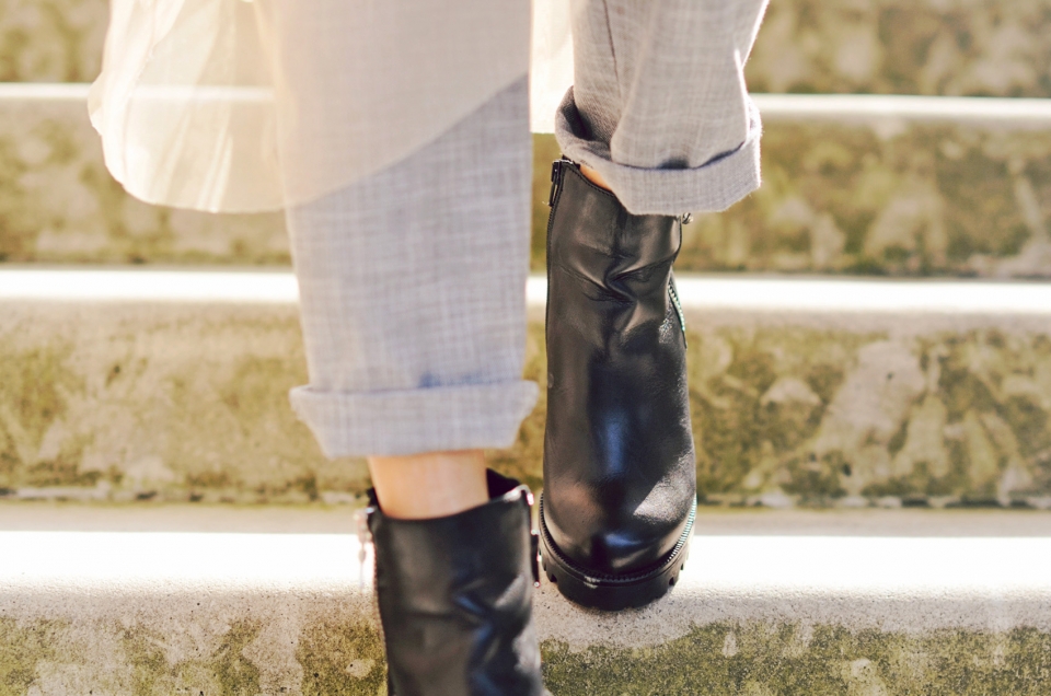 black boots, high heels, grey pants