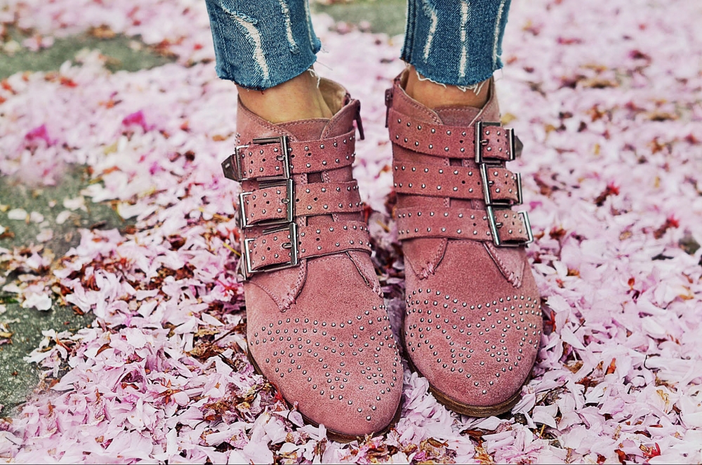 schuhe, boots, ankleboots, nieten, denim, jeans, shoes, shopping, trend, rosa, pink